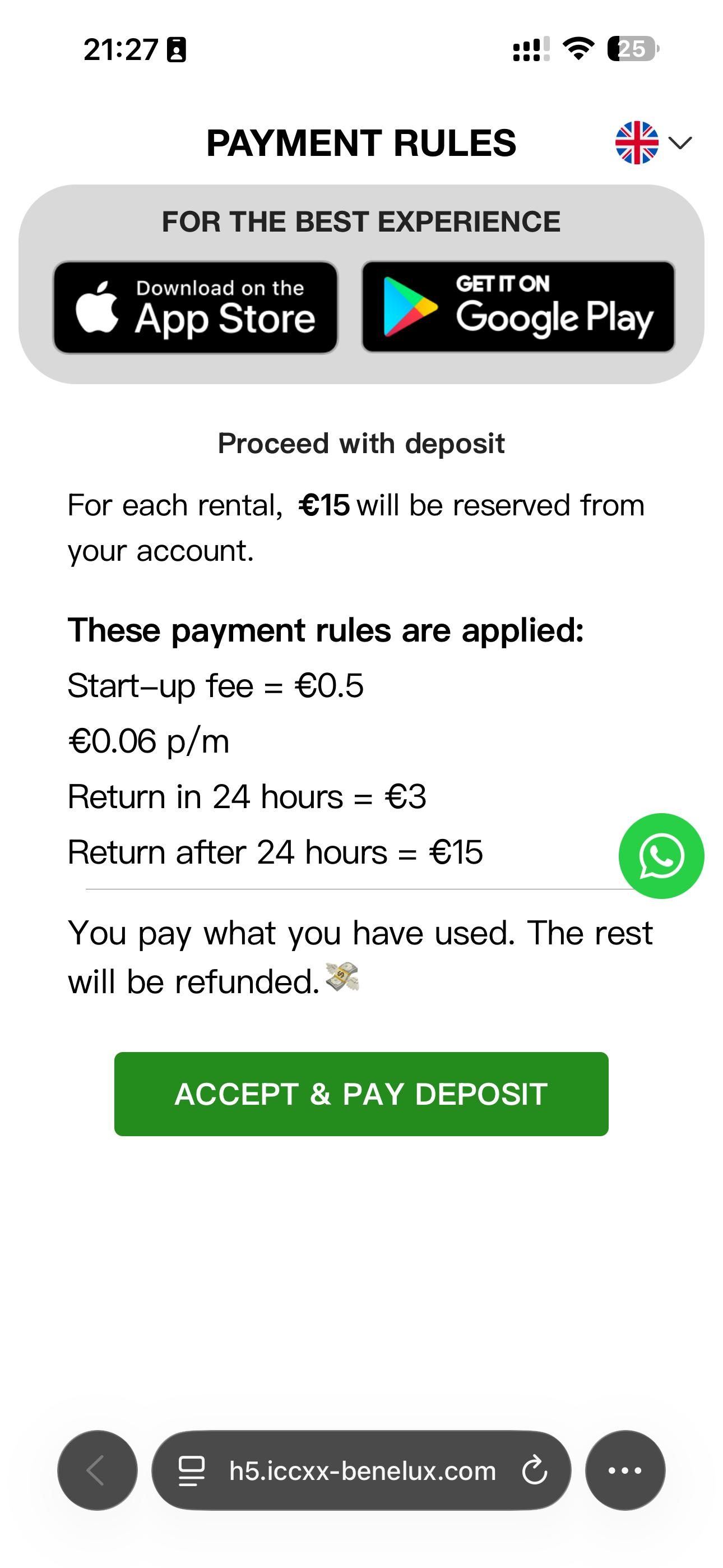 ICCXX Benelux payment rules showing deposit and app store prompts